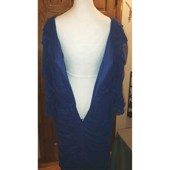 TADASHI SHOJI TOO Dress Sz 3X Ruched Mesh Midi Navy Blue Flattering Wedding - Picture 4 of 9